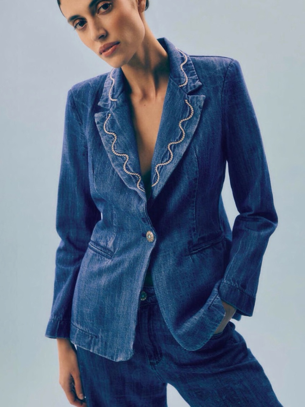 Shaft Jeans Italy Denim Blazer Jacket Western Turquoise Button sz XS L XL